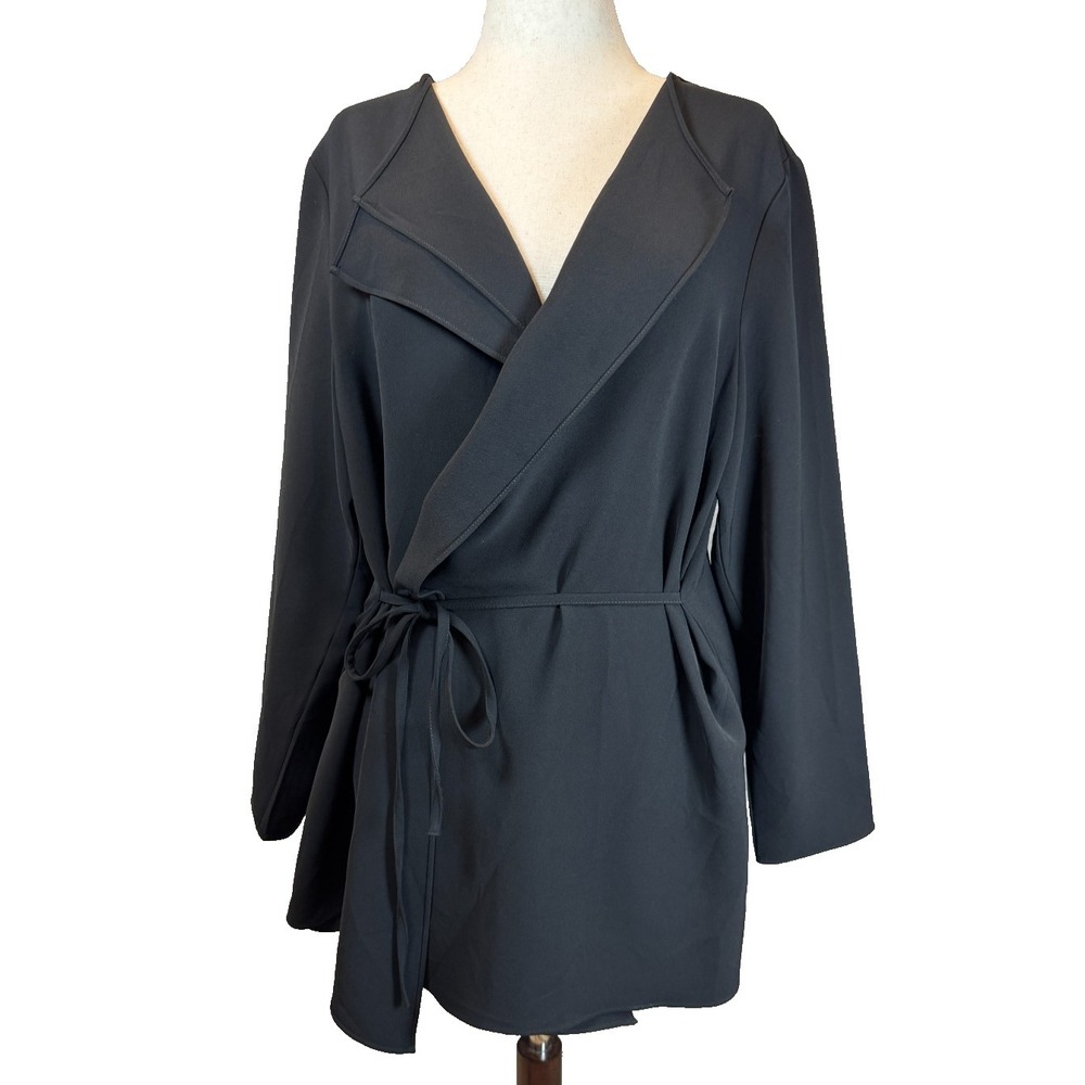 CHICO'S Drape Tie Front Crepe Jacket Top Size 3/XL Classic Black Longline